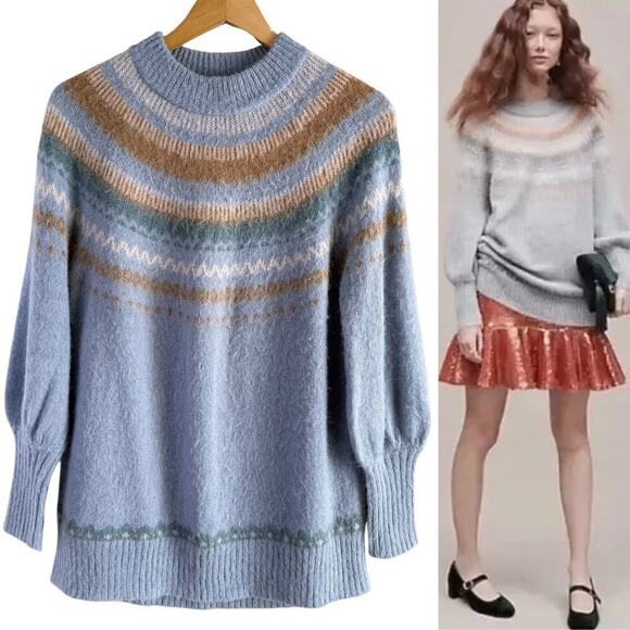 J.Crew Fair Isle Yoke Puff-Sleeve Alpaca Wool Sweater Nordic Style Blue Cream, M - Picture 1 of 12